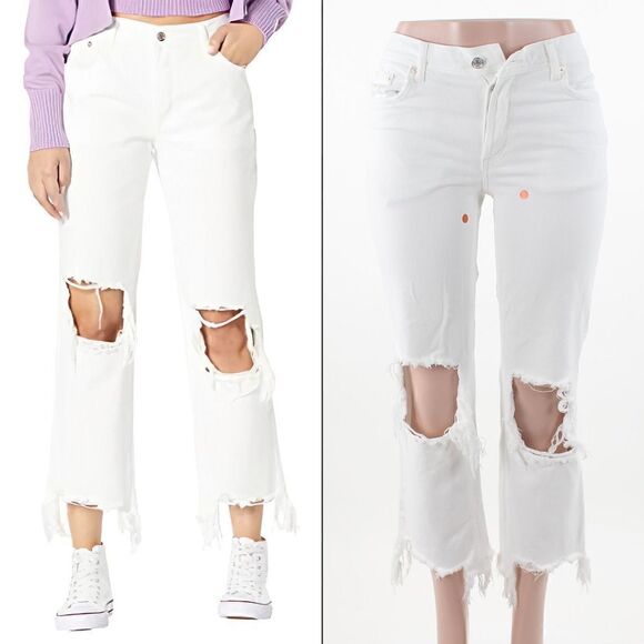 Free People Maggie Cotton Ripped Straight- Optic White - Picture 1 of 6